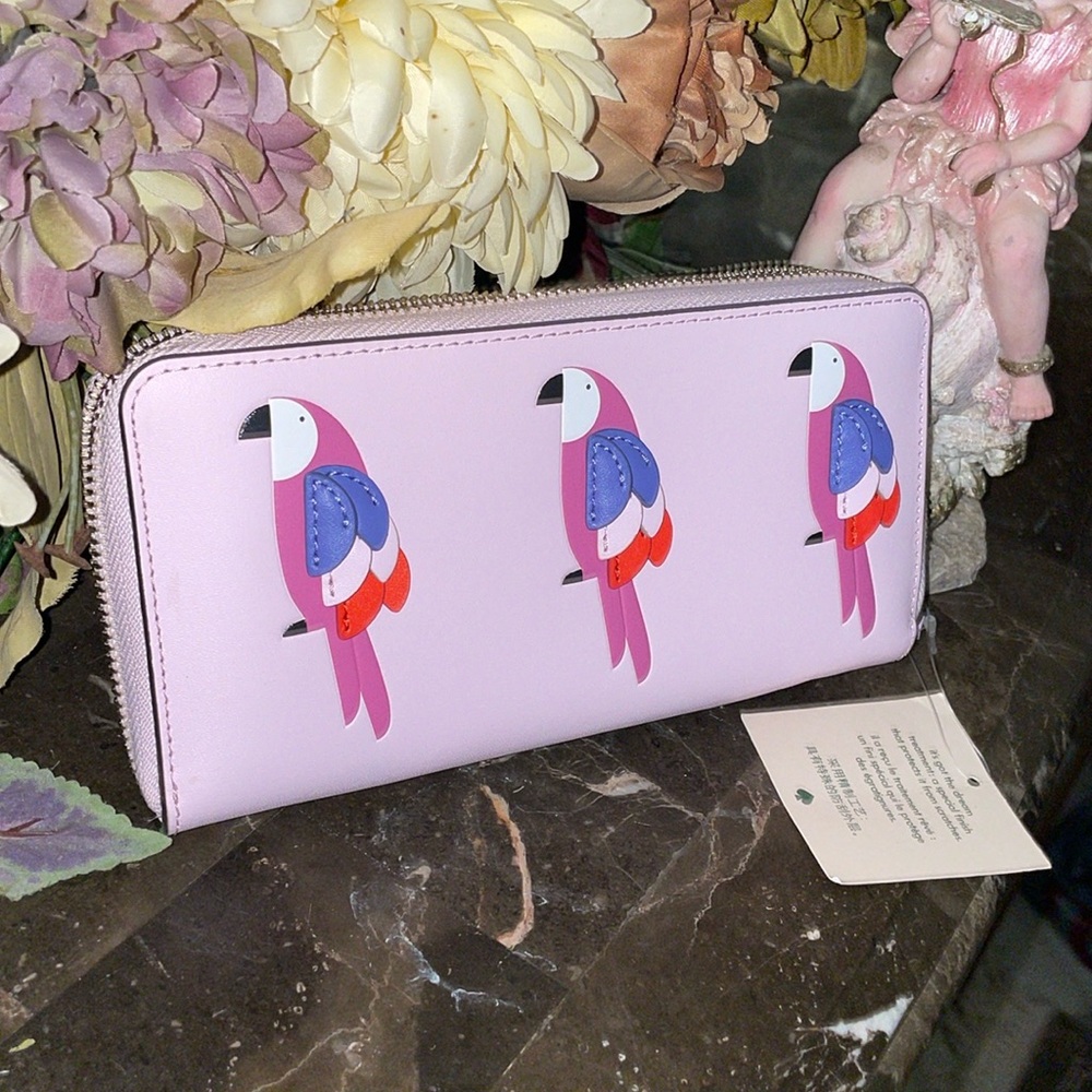 Kate Spade Flock Party Parrot Zip Around Continental Wallet
Pink Leather New
